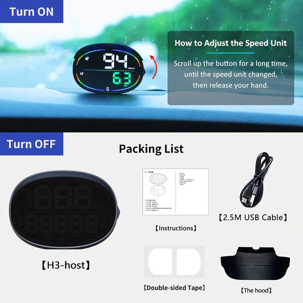H3 Car GPS Digital Speedometer & Odometer, with Time Compass Display - KUOWEIHUD