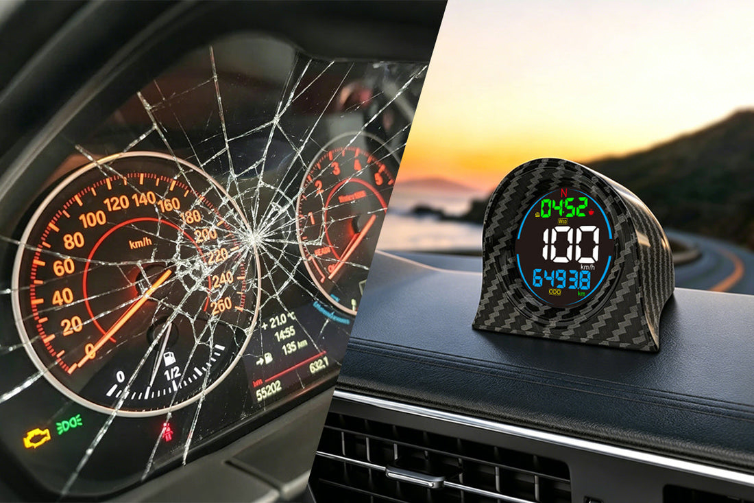 A GPS speedometer HUD device mounted on a car dashboard, displaying real-time speed, compass direction, and driving data — a plug-and-play alternative to a broken factory speedometer