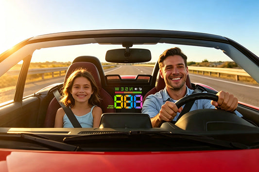 Father and daughter smiling on a sunny road trip in a red convertible, with a HUD display showing speed data and "Happy Father's Day" text on the windshield
