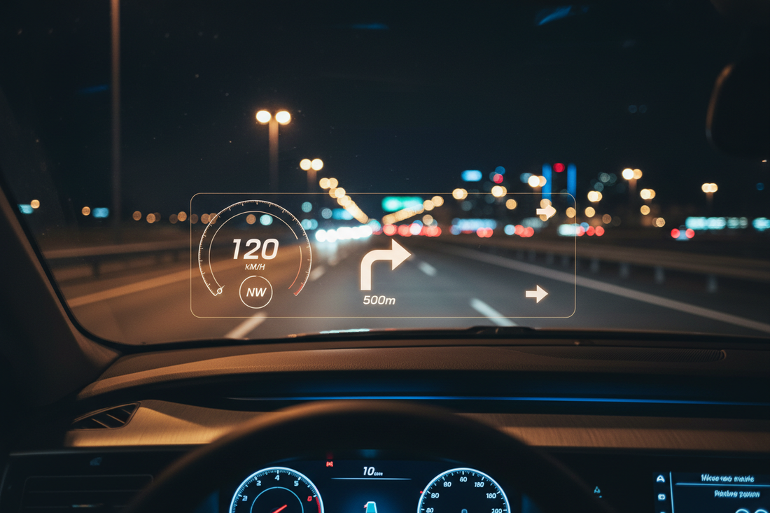 Driver's-eye view of a GPS head-up display projecting speed and navigation onto a windshield while driving on a dark highway at night