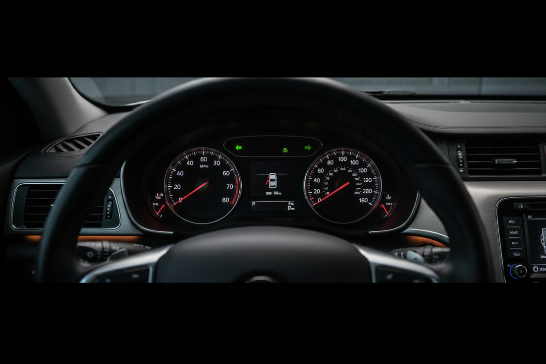 Close-up of a factory car instrument cluster showing analog speedometer and tachometer gauges on a vehicle dashboard