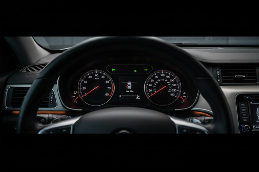 Close-up of a factory car instrument cluster showing analog speedometer and tachometer gauges on a vehicle dashboard