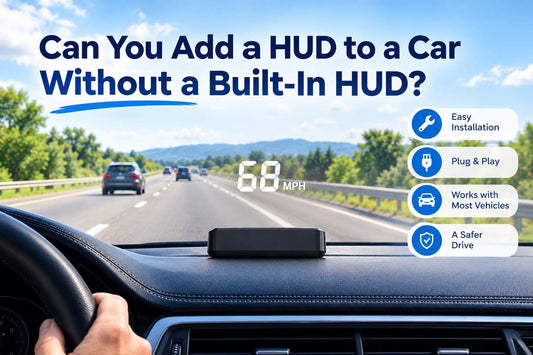 Aftermarket car head-up display showing white 68 MPH on a highway, demonstrating how to add a HUD to a car without a built-in display