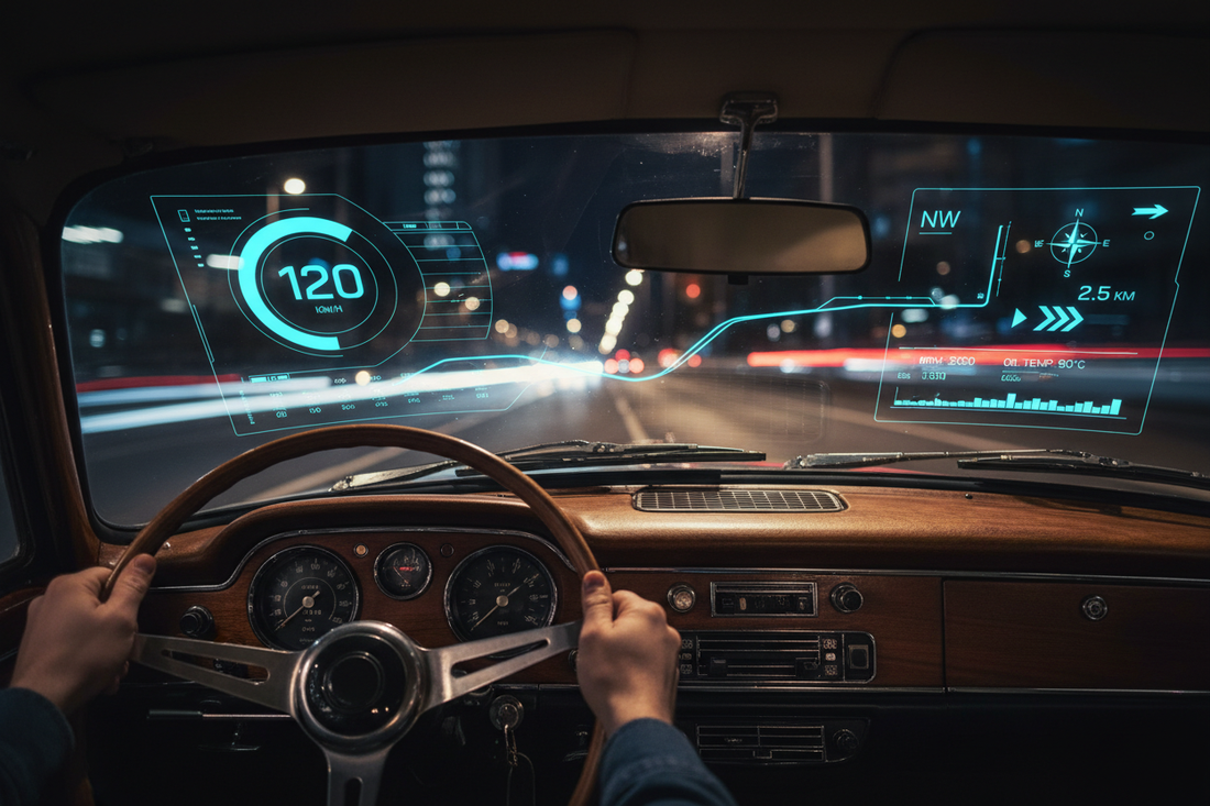 An older car interior transformed with an aftermarket HUD device projecting blue digital speed and navigation data onto the windshield — KUOWEIHUD upgrade for any vehicle