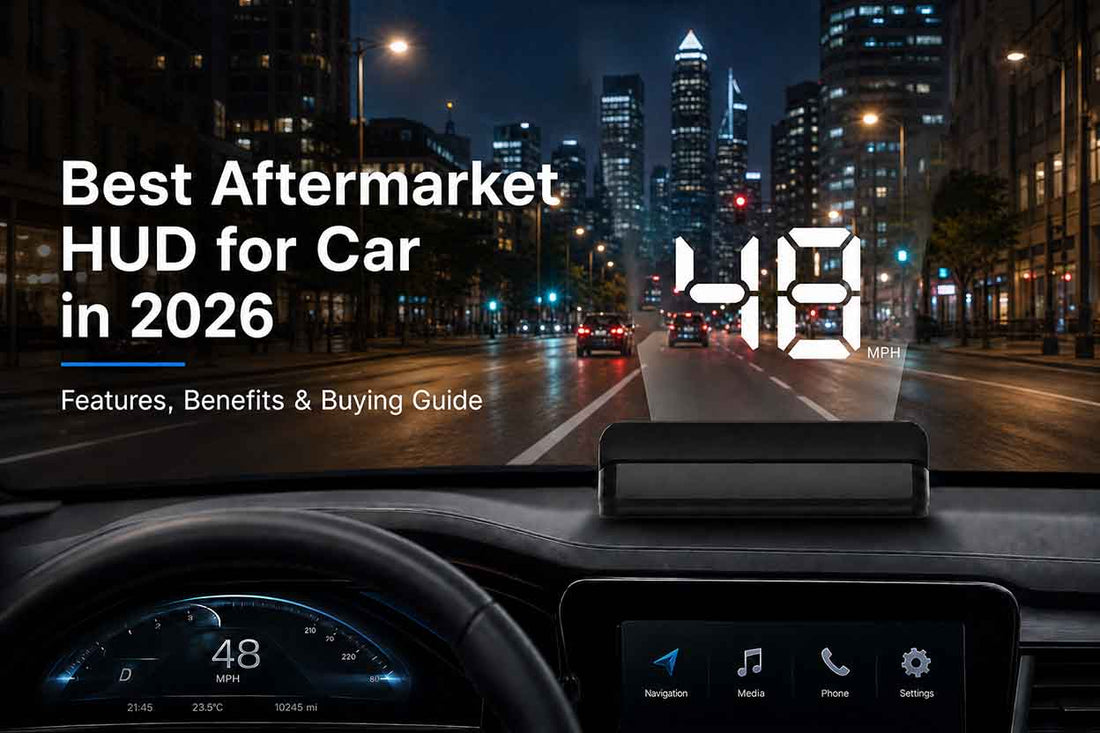 Best Aftermarket HUD for Car in 2026: Features, Benefits & Buying Guide - showcasing a modern head-up display projecting speed on windshield while driving through city streets at night