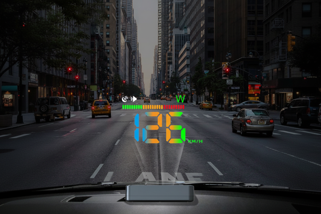 Car heads-up display HUD projecting colorful speed and navigation data onto windshield while driving through a city street — KUOWEIHUD best car HUD 2026