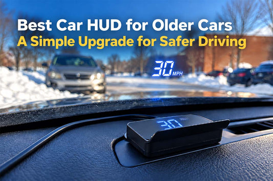 Best car HUD for older cars, featuring a KUOWEIHUD K1 GPS Head-Up Display with a clear 30 MPH speed projection.