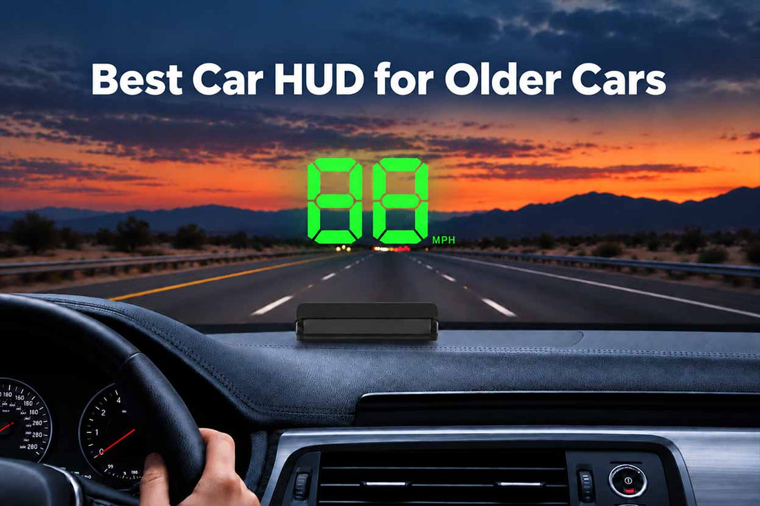 Car HUD mounted on an older car’s dashboard, projecting 88 MPH onto the windshield with a highway at sunset in the background