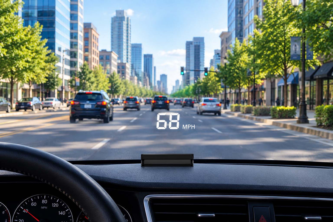 Aftermarket car head-up display showing white 68 MPH above a compact black HUD device while driving on a city street