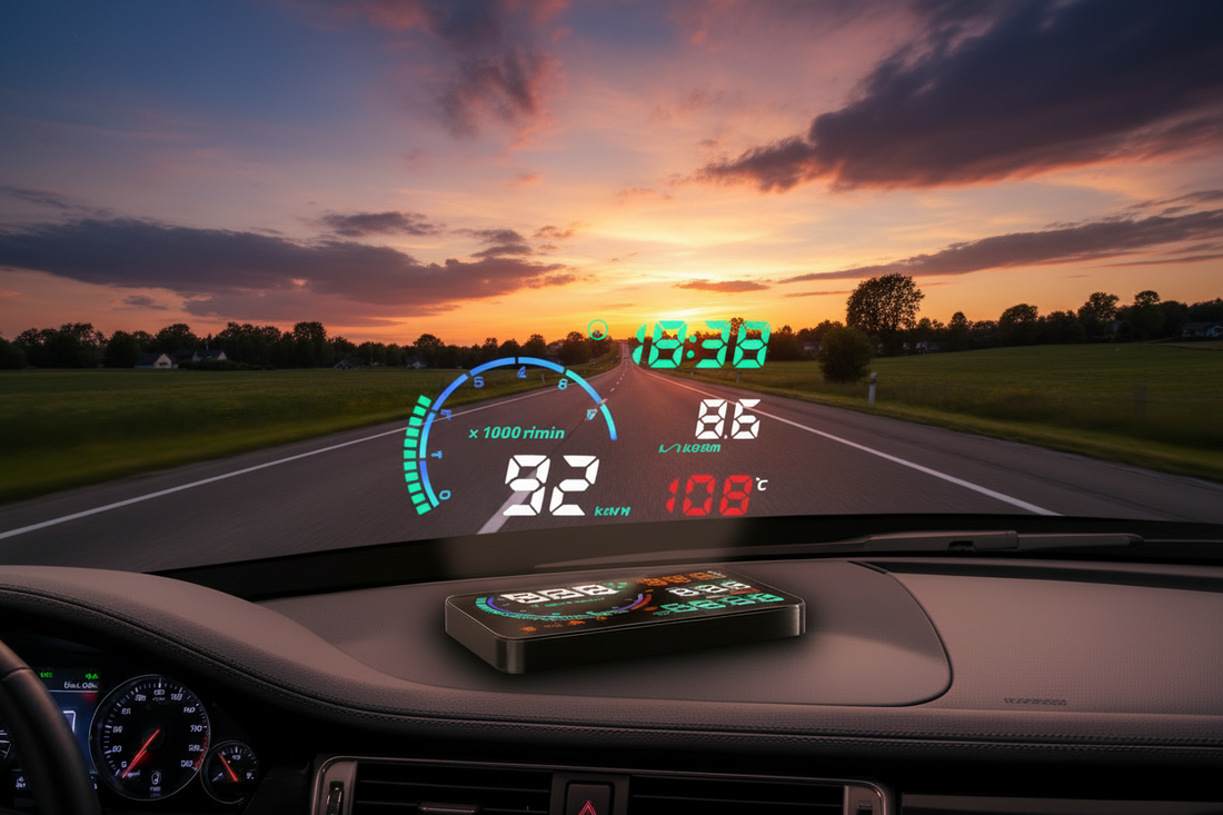 A car heads-up display (HUD) device mounted on the dashboard, projecting colorful digital gauges including speed, RPM, water temperature, and fuel consumption onto the windshield, with a warm golden dusk highway scene in the background