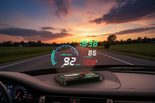 A car heads-up display (HUD) device mounted on the dashboard, projecting colorful digital gauges including speed, RPM, water temperature, and fuel consumption onto the windshield, with a warm golden dusk highway scene in the background