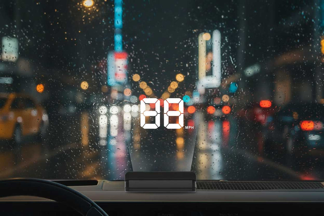  Car HUD Display showing 88 MPH on rainy night city street