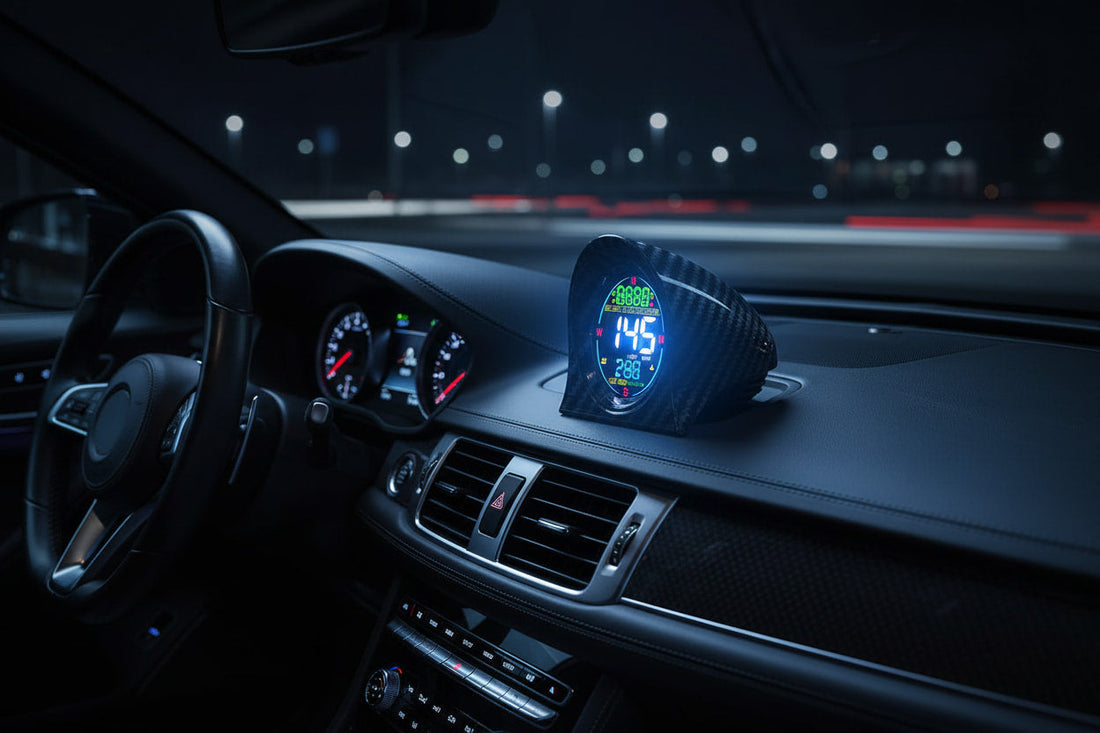 Carbon fiber GPS digital speedometer HUD mounted on a classic car dashboard, displaying real-time speed and navigation data with colorful LED indicators