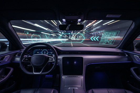 Car heads-up display HUD projecting speed and navigation data on windshield at night