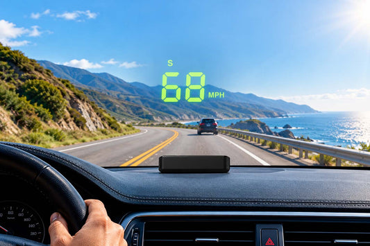 Car head-up display showing 68 MPH in daylight with five tips to improve HUD visibility