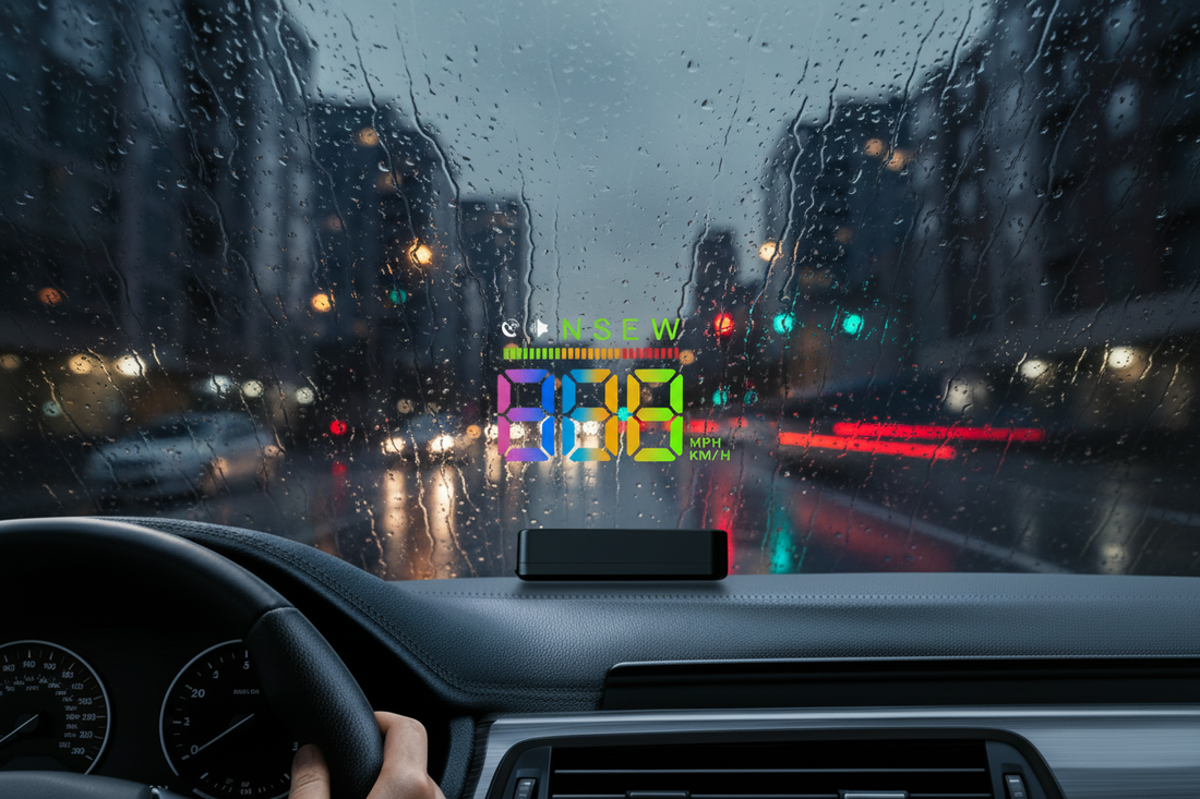 Car HUD display device on dashboard showing colorful digital speed and compass data projected onto windshield during rainy day city drive