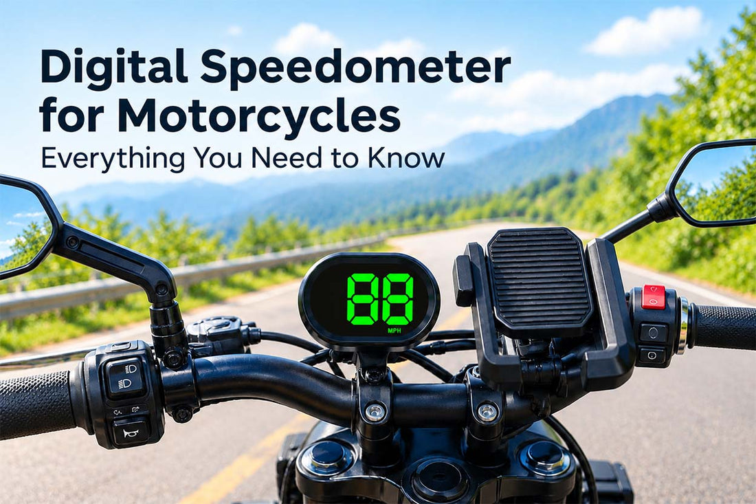 KUOWEIHUD digital speedometer displaying 88 MPH mounted on motorcycle handlebars on a scenic road