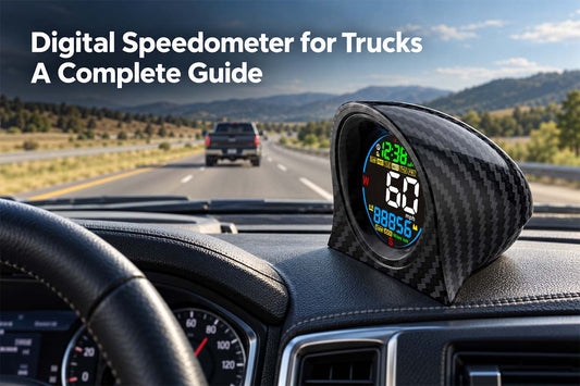 Digital speedometer displaying 60 MPH on a pickup truck dashboard, with a highway view and the title “Digital Speedometer for Trucks: A Complete Guide.”
