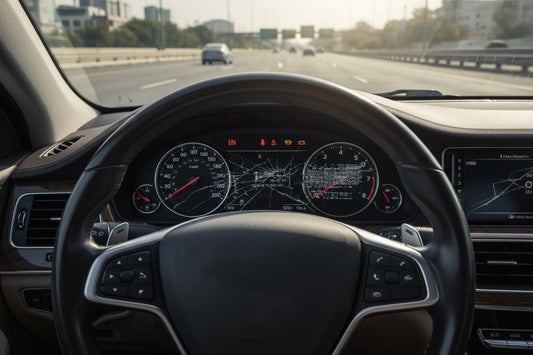 Driver's view through the steering wheel showing a broken odometer and speedometer with flickering display and warning lights on the instrument cluster