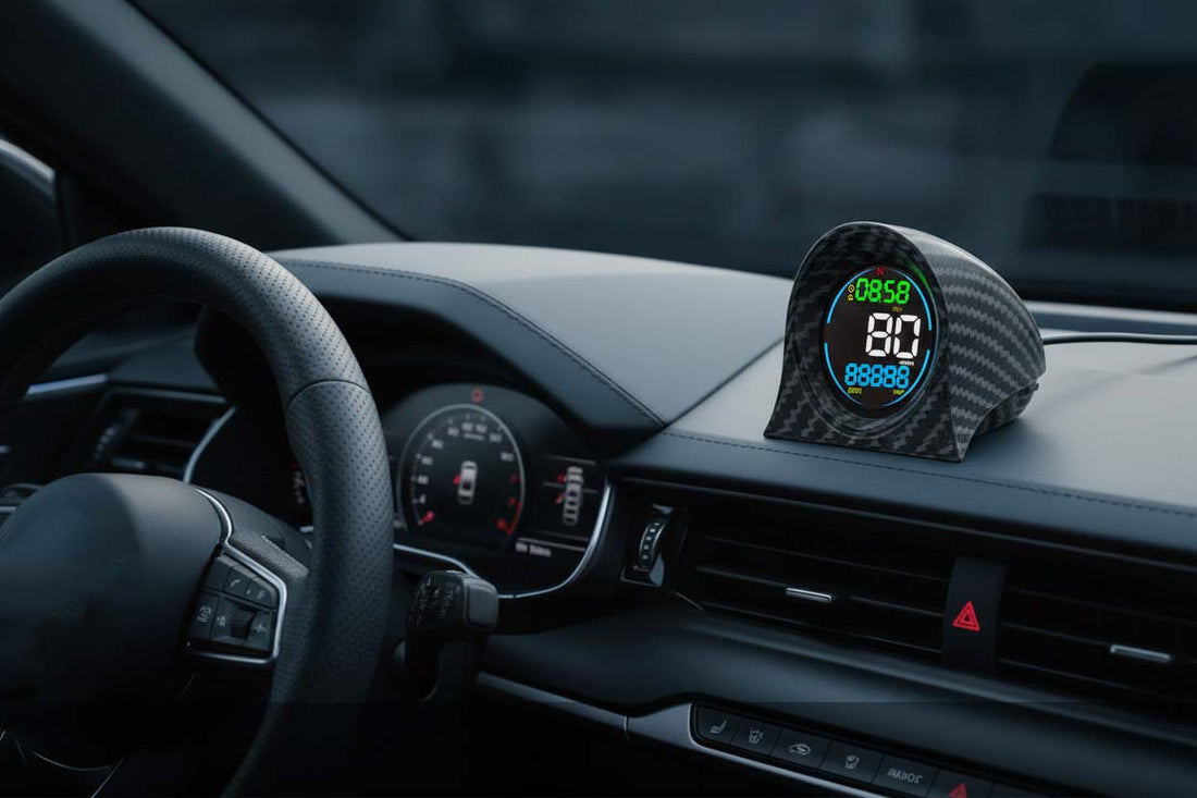 F2 GPS speedometer with odometer and compass display, carbon fiber casing, mounted on car dashboard