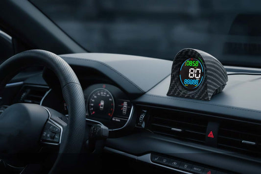 F2 GPS speedometer with odometer and compass display, carbon fiber casing, mounted on car dashboard