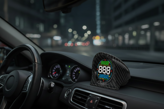 F2 GPS Speedometer placed on car dashboard, carbon fiber arch-shaped unit with colorful round display showing speed, odometer, compass and time data — F2 GPS Speedometer Installation Guide