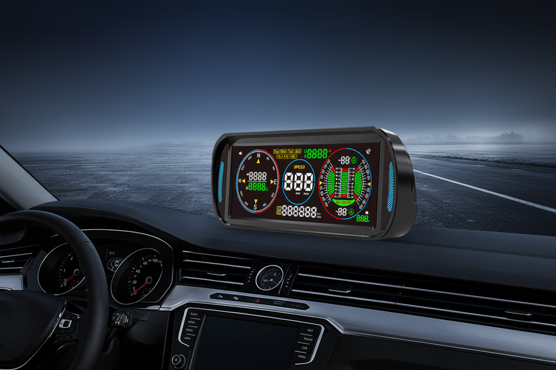 F6 GPS HUD multifunction display with speedometer odometer and inclinometer mounted on a dark car dashboard