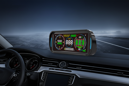 F6 GPS HUD multifunction display with speedometer odometer and inclinometer mounted on a dark car dashboard