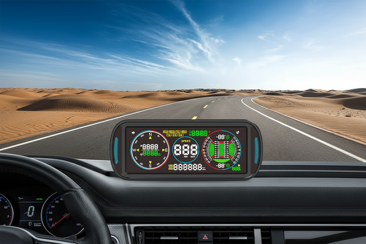 F6 GPS Car Gauge mounted on car dashboard, wide LCD display showing compass, speed and inclinometer gauges, desert highway road with blue sky and sand dunes in the background — F6 Multi Car Gauge Installation Guide