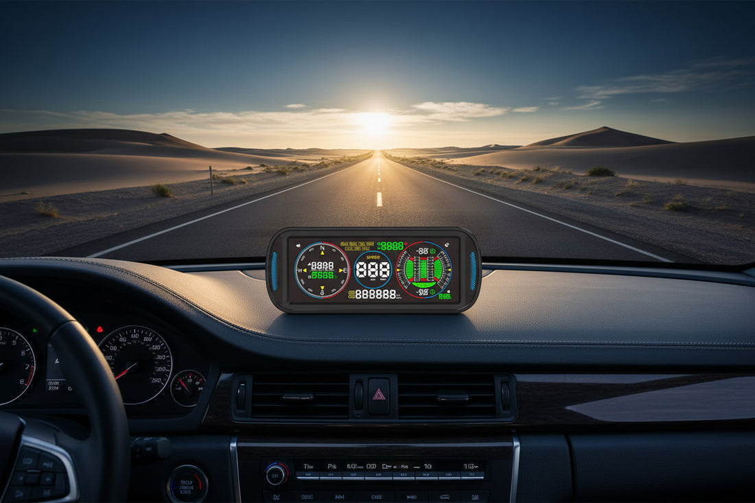 KUOWEIHUD F6 6.8-inch LCD multi-function GPS speedometer with compass and inclinometer mounted on car dashboard, desert highway background