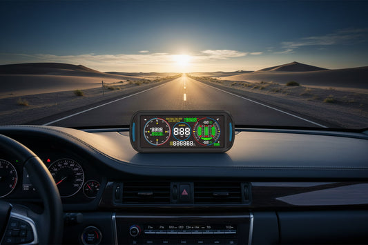 KUOWEIHUD F6 6.8-inch LCD multi-function GPS speedometer with compass and inclinometer mounted on car dashboard, desert highway background