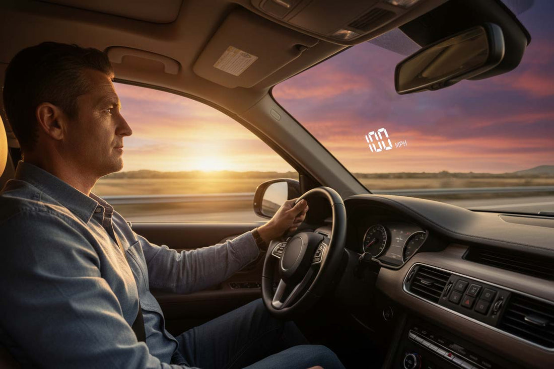 Driver keeping eyes on the road with a car head up display projecting speed on the windshield