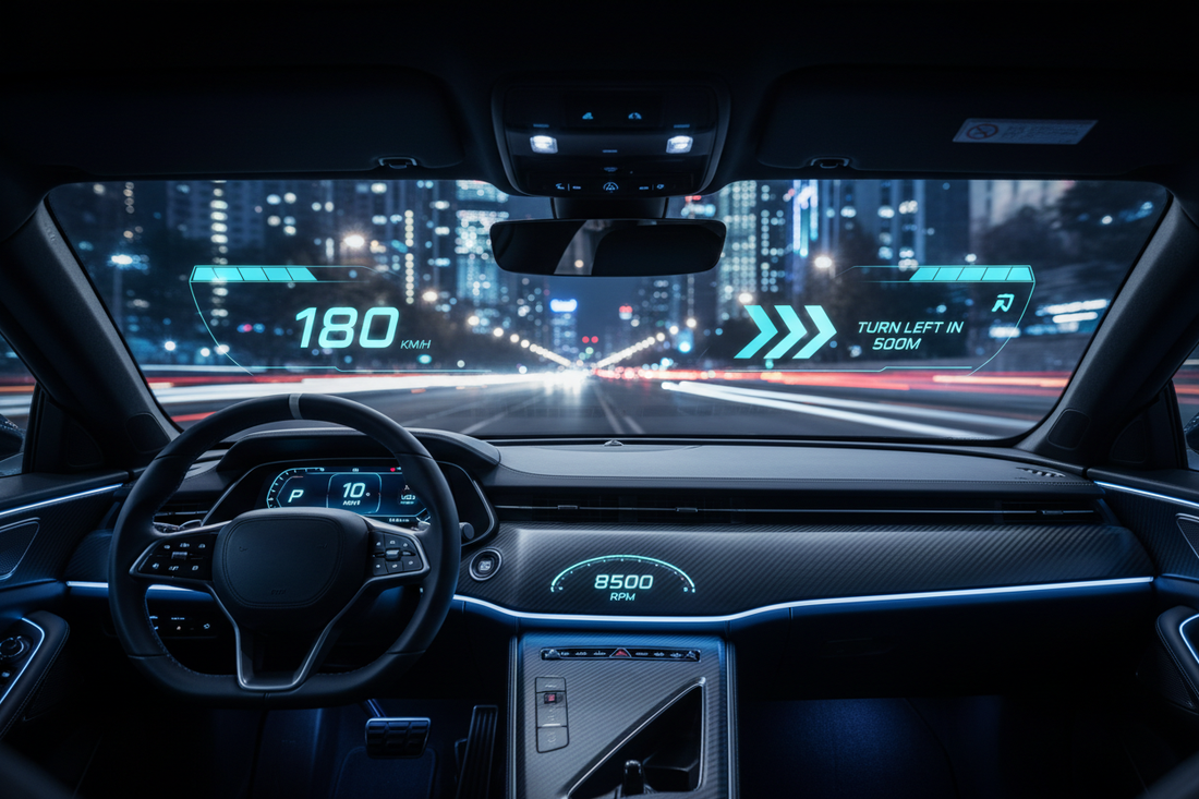 Car interior at night with a heads-up display HUD projecting speed and navigation data onto the windshield