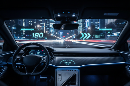 Car interior at night with a heads-up display HUD projecting speed and navigation data onto the windshield