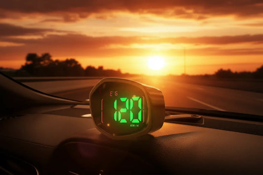 GPS digital speedometer on car dashboard with golden sunset highway background, green LED speed display