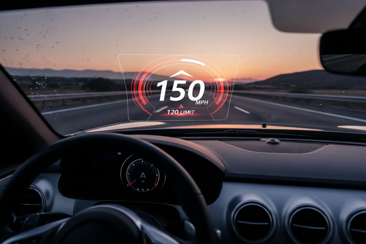 GPS head-up display showing 150 mph speed with a red overspeed alert warning at 120 mph limit projected on a car windshield