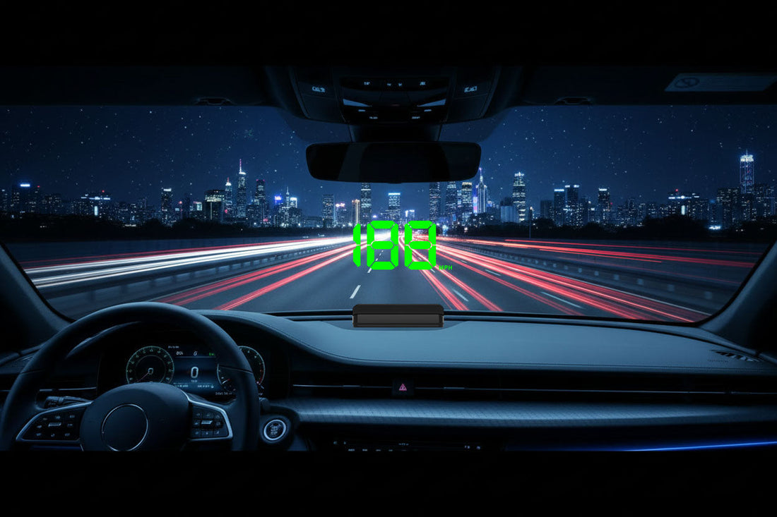 Driver's view inside a luxury car at night with a GPS head-up display projecting green digital speed numbers onto the windshield, city highway with light trails in the background
