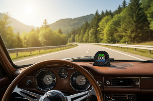 GPS HUD speedometer mounted on a classic car dashboard, driver's first-person view, colorful digital display showing speed and compass, scenic mountain highway through the windshield