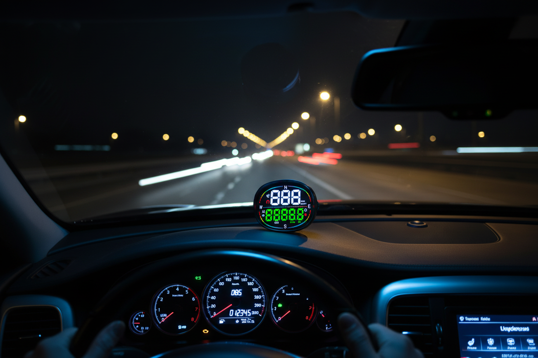GPS speedometer mounted on car dashboard from driver's perspective, displaying speed and odometer on a highway drive — best GPS speedometer for car in 2026
