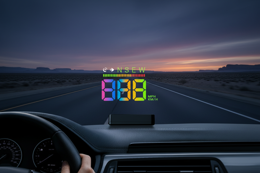 H4 HUD heads-up display mounted on car dashboard, projecting colorful rainbow digital speed digits and compass directions N S E W onto the windshield, with clean open highway and dusk twilight sky in the background — H4 HUD Installation Guide