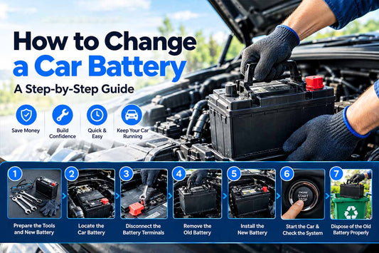 Step-by-step car battery replacement with a new battery installed in a vehicle engine bay
