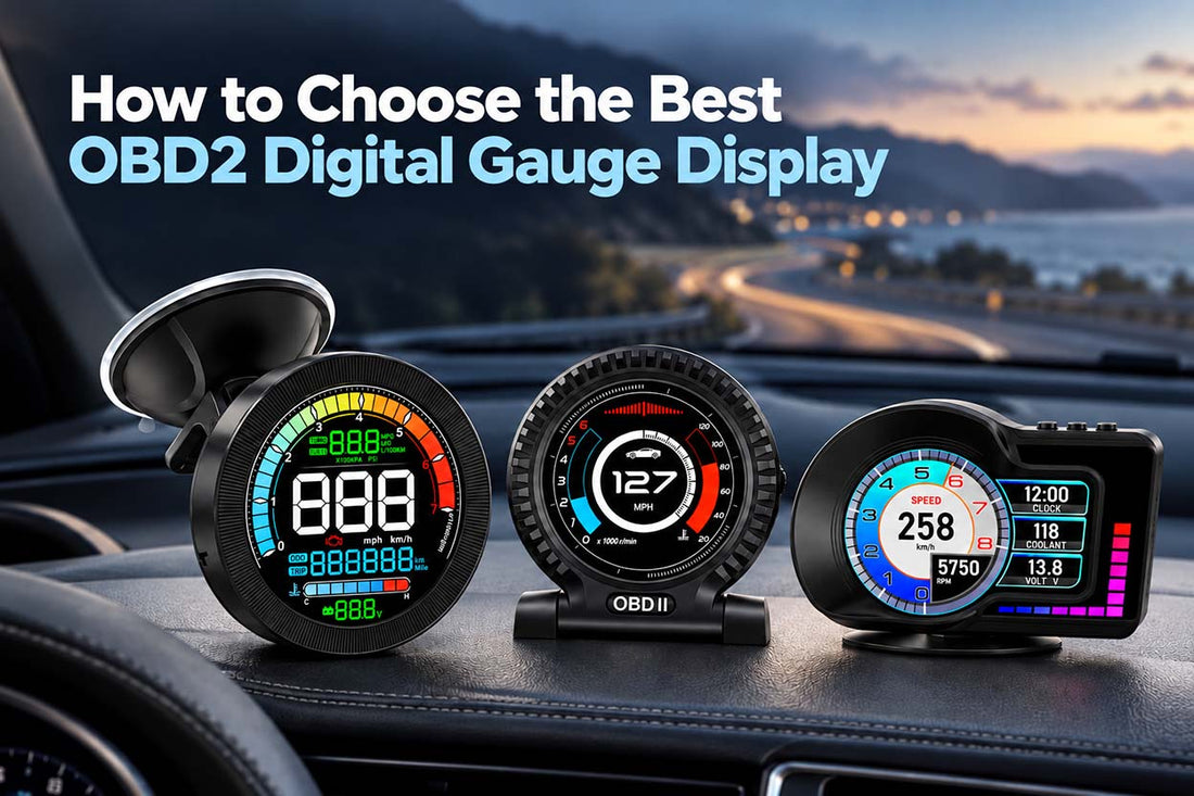 Three OBD2 digital gauge displays on a car dashboard, illustrating how to choose the best gauge for monitoring vehicle data.