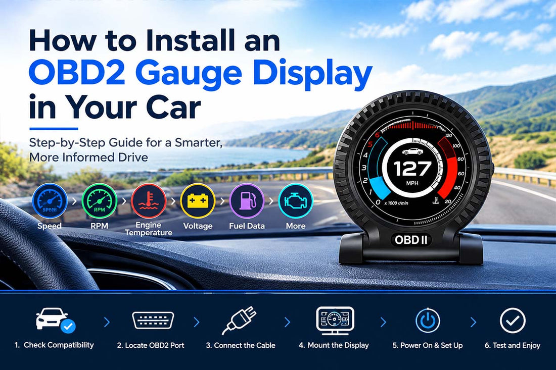 OBD2 digital gauge display mounted on a car dashboard with its cable connected to the vehicle