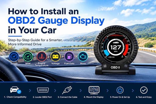 OBD2 digital gauge display mounted on a car dashboard with its cable connected to the vehicle