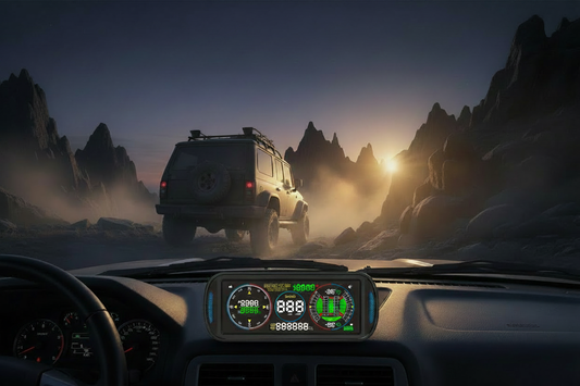 Multi-function offroad HUD gauge mounted on SUV dashboard showing compass, GPS speed, and inclinometer display on a rocky mountain trail