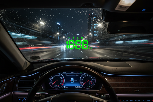 KUOWEIHUD HUD displaying green digital speed and compass on car windshield at night