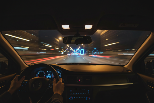 Car heads-up display HUD speed and compass data reflected on windshield at night