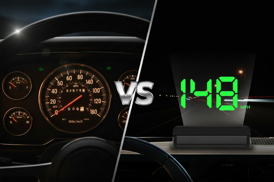 Traditional analog car speedometer vs modern HUD heads-up display