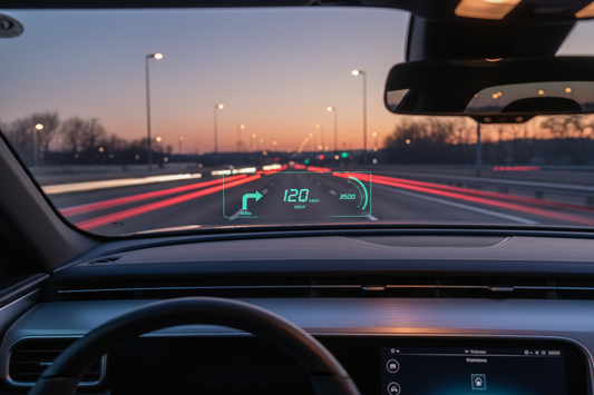 Driver's-eye view of a car head-up display (HUD) projecting speed, navigation arrows, and RPM data onto the windshield while driving on a highway at dusk