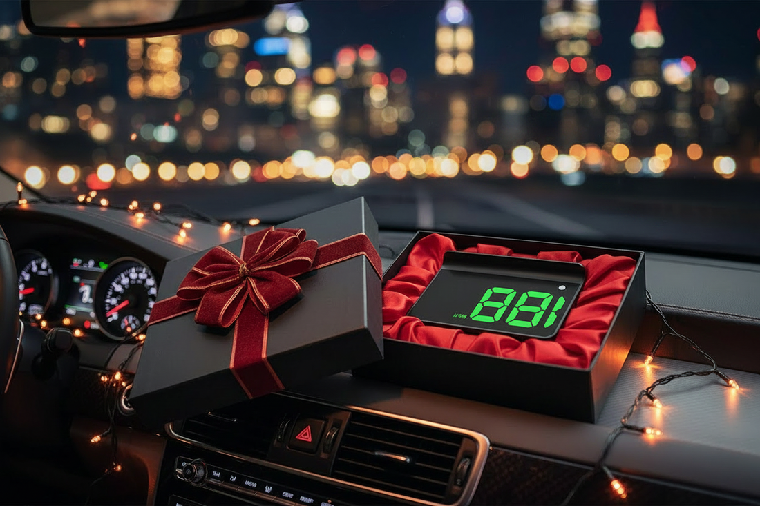 K1 HUD car gift box on dashboard at night with city lights